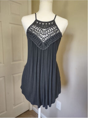 Bluetime Medium Black Halter Crochet Boho Tank Women’s flowy Spaghetti Strap